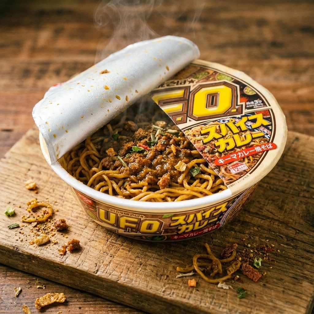 nissinufospicecurrykeemacurryyakisobacupcloseup | Snack Affair Archives Cup noodles with steaming spice curry, open lid showing noodles and seasoned ground meat on a wooden board.