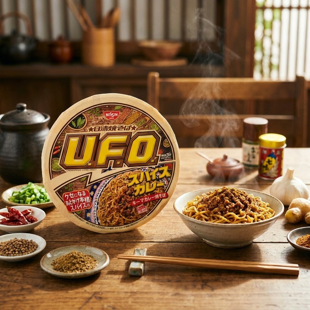 nissinufospicecurrykeemacurryyakisobacuplifestyle | Snack Affair Archives Steaming bowl of ramen on a wooden table beside a large UFO cup noodle, surrounded by small bowls of spices and condiments.