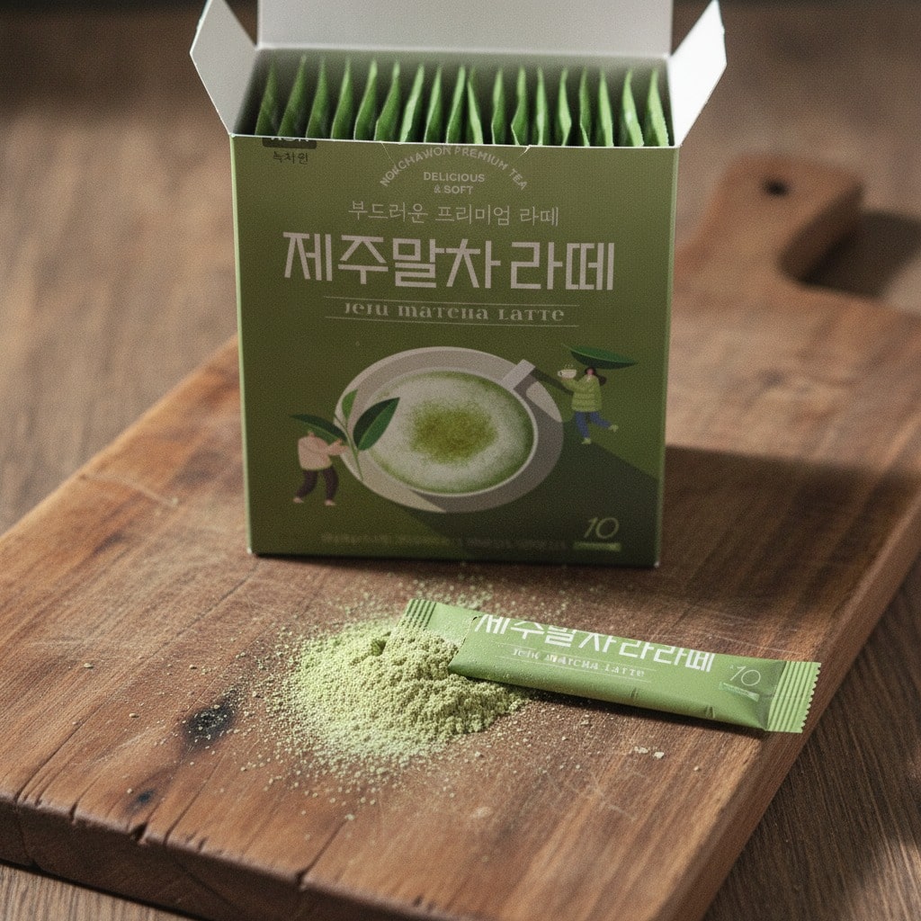 nokchawonjejumatchalatte180g18gx10stickscloseup | Snack Affair Archives Green tea latte matcha box with sachets open, on a wooden surface, spilling light green powder and a single sachet in front.
