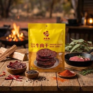 Yellow Angus Chilli Beef Jerky package on a rustic wooden table, surrounded by spices and a skillet of meat in the background.