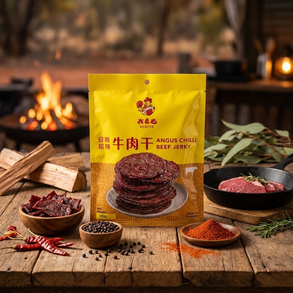 oloiyaanguschillibeefjerky190glifestyle | Snack Affair Archives Yellow Angus Chilli Beef Jerky package on a rustic wooden table, surrounded by spices and a skillet of meat in the background.