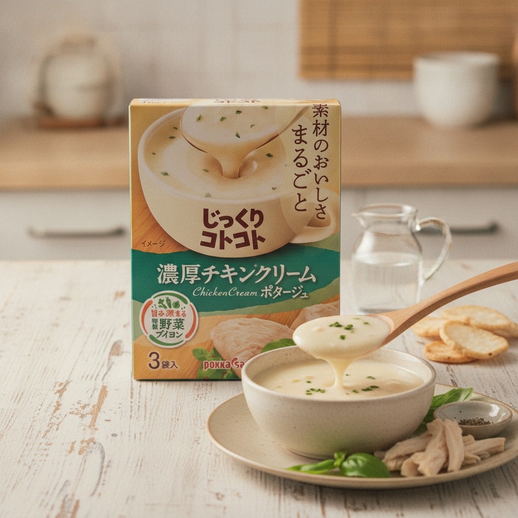 pokkasapporojikkurikotokotonoukouchickencreampottage3servingslifestyle | Snack Affair Archives Boxed Japanese chicken cream soup mix on a kitchen counter with a bowl of creamy soup and a spoon dipping in, plus crackers and chicken slices nearby