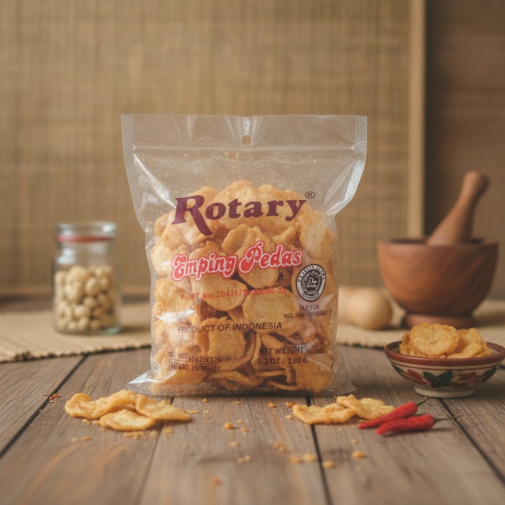rotaryempingpedas150glifestyle | Snack Affair Archives Bag of Rotary brand spicy chips on a wooden table, with loose chips scattered nearby and a small bowl in the background.