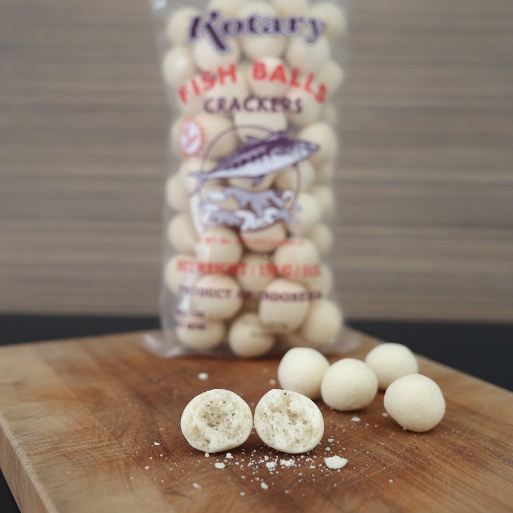 rotaryfishballscrackers150gcloseup | Snack Affair Archives Bag of fish-ball crackers on a wooden board, with several round crackers in the foreground; blurred label reads 'Rotary Fish Balls Crackers' in the background.
