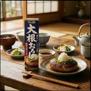 Archives Hamburger steak topped with grated daikon and greens, beside a box of S&B daikon oroshi on a wooden table.