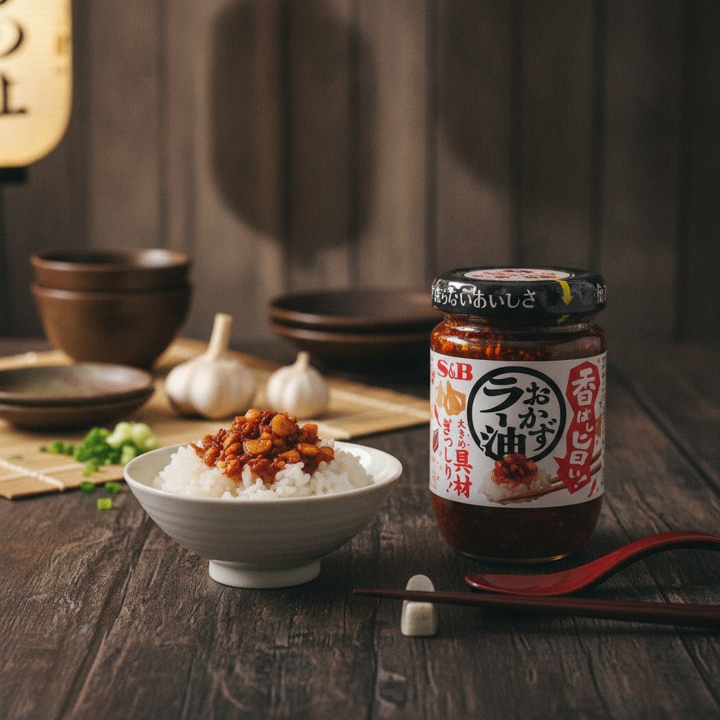 sbokazurayuchilioilwithgarliclifestyle | Snack Affair Archives Jar of chili oil beside a bowl of white rice topped with crispy bits; garlic and bowls in the background.