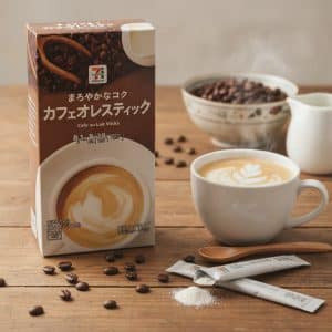 Box of café au lait sticks beside a latte in a white cup on a wooden table, with coffee beans, a spoon, milk jug, and sugar packets nearby.