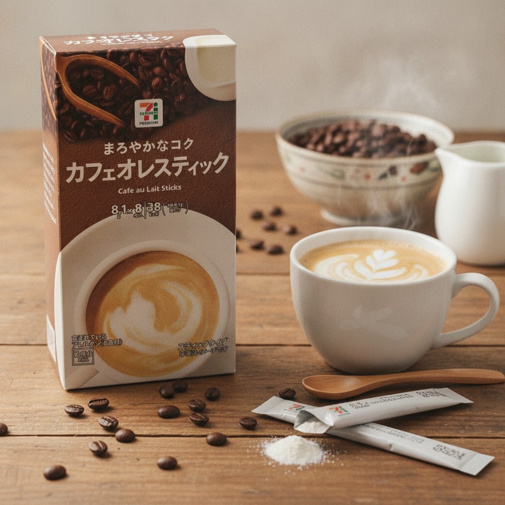 sevenandipremiumcafeaulaitsticks81gx8lifestyle | Snack Affair Archives Box of café au lait sticks beside a latte in a white cup on a wooden table, with coffee beans, a spoon, milk jug, and sugar packets nearby.