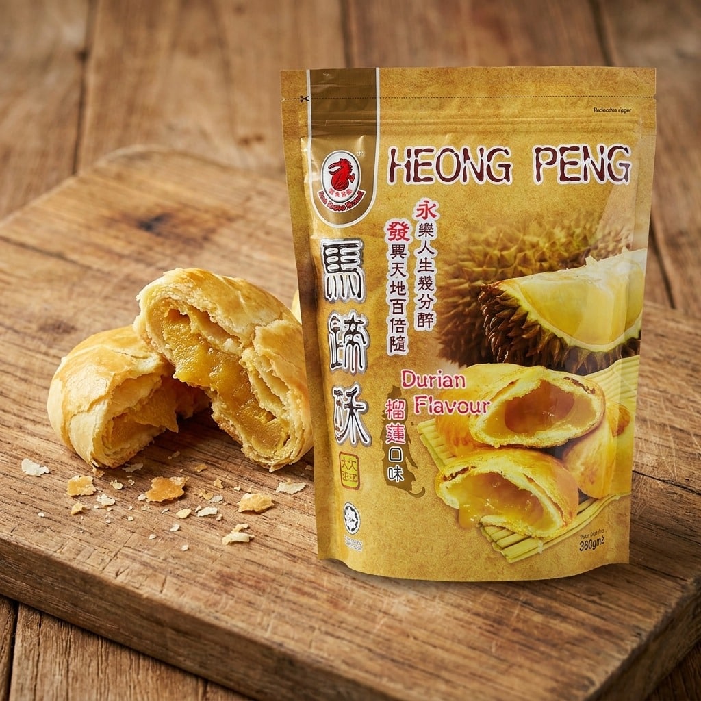 sunhorsebrandheongpengdurianflavour360gcloseup | Snack Affair Archives Durian-flavored Heong Peng pastries in a yellow bag on a wooden surface, with a flaky pastry broken open beside it.