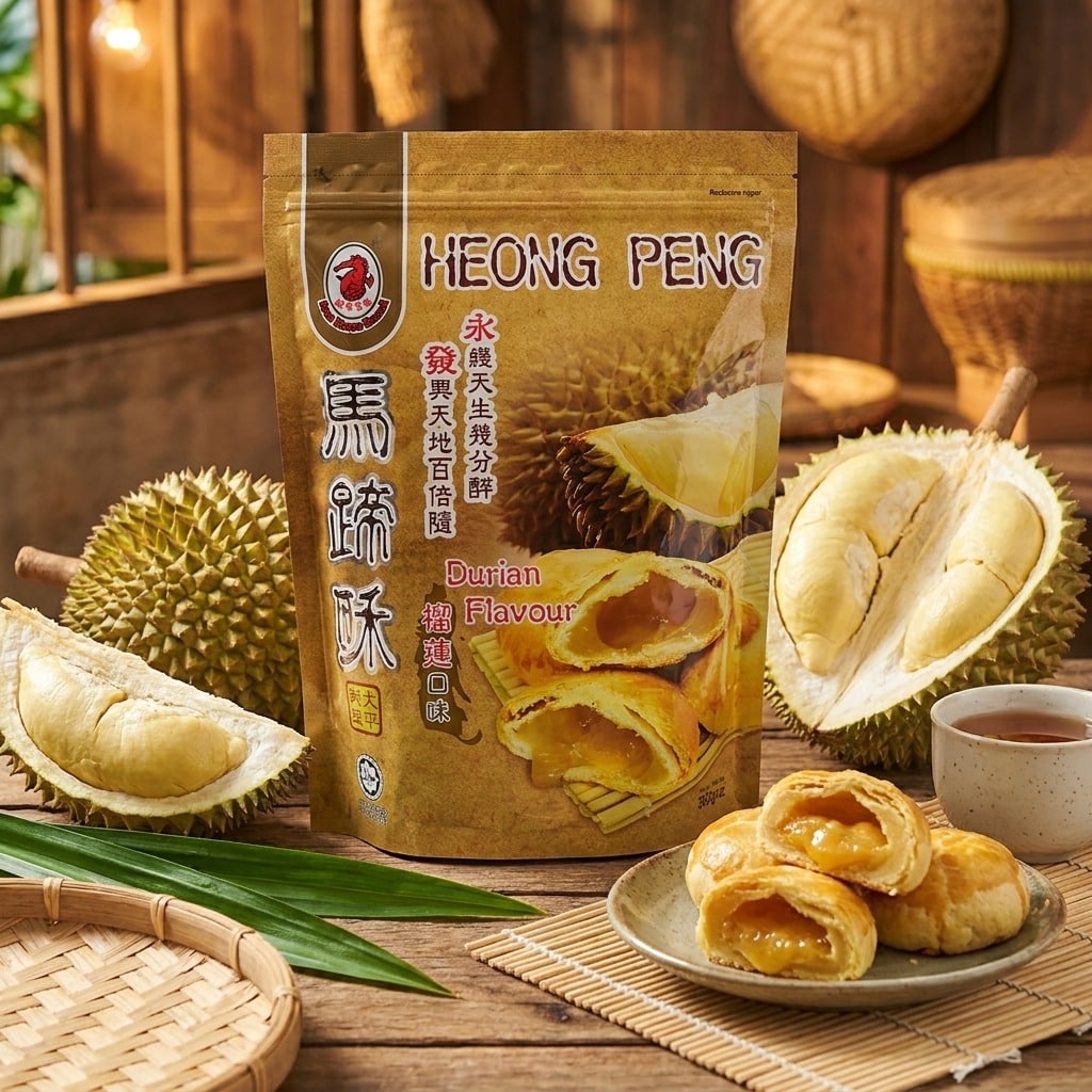 sunhorsebrandheongpengdurianflavour360glifestyle | Snack Affair Archives Durian-flavored pastries on a wooden table with a Heong Peng Durian Flavour bag and fresh durian fruit nearby.