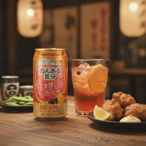 Suntory orange-flavored drink can on a wooden table beside a glass with ice and an orange slice, with a plate of fried chicken bites and a lemon wedge nearby.