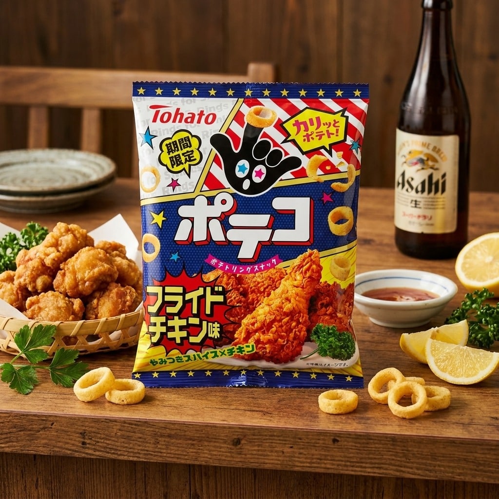 tohatopotecokaraageunknownsizelifestyle | Snack Affair Archives Colorful Japanese fried chicken-flavored snack bag on a wooden table, surrounded by fried chicken bites, lemon wedges, and an Asahi beer bottle.
