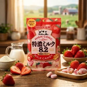 Bright red strawberry milk candy package on a wooden table, surrounded by fresh strawberries and a glass jug of milk, lifestyle product photo.