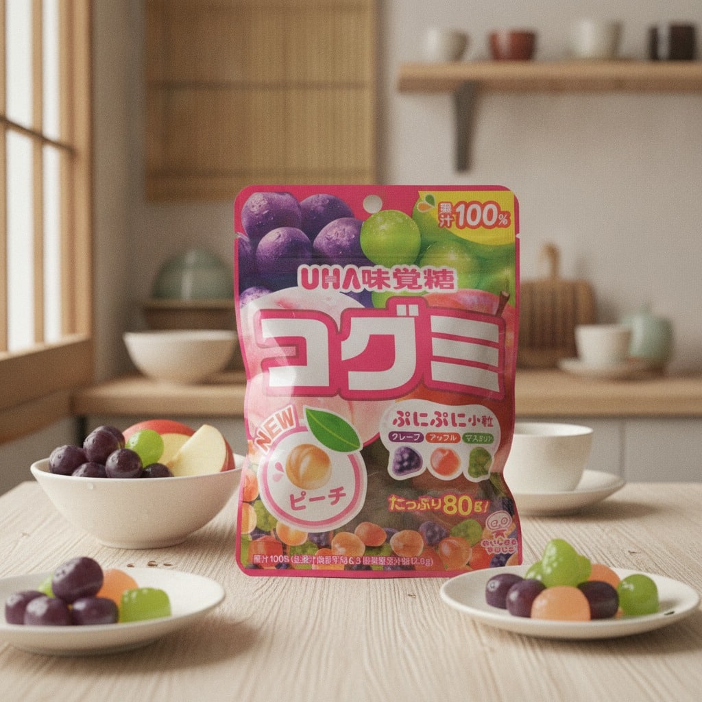 uhamikakutokogumipeachgrapeapplemuscat80glifestyle | Snack Affair Archives Colorful Japanese gummy candy package on a kitchen table with bowls of fruit-flavored gummies nearby, bright pink and green design prominent