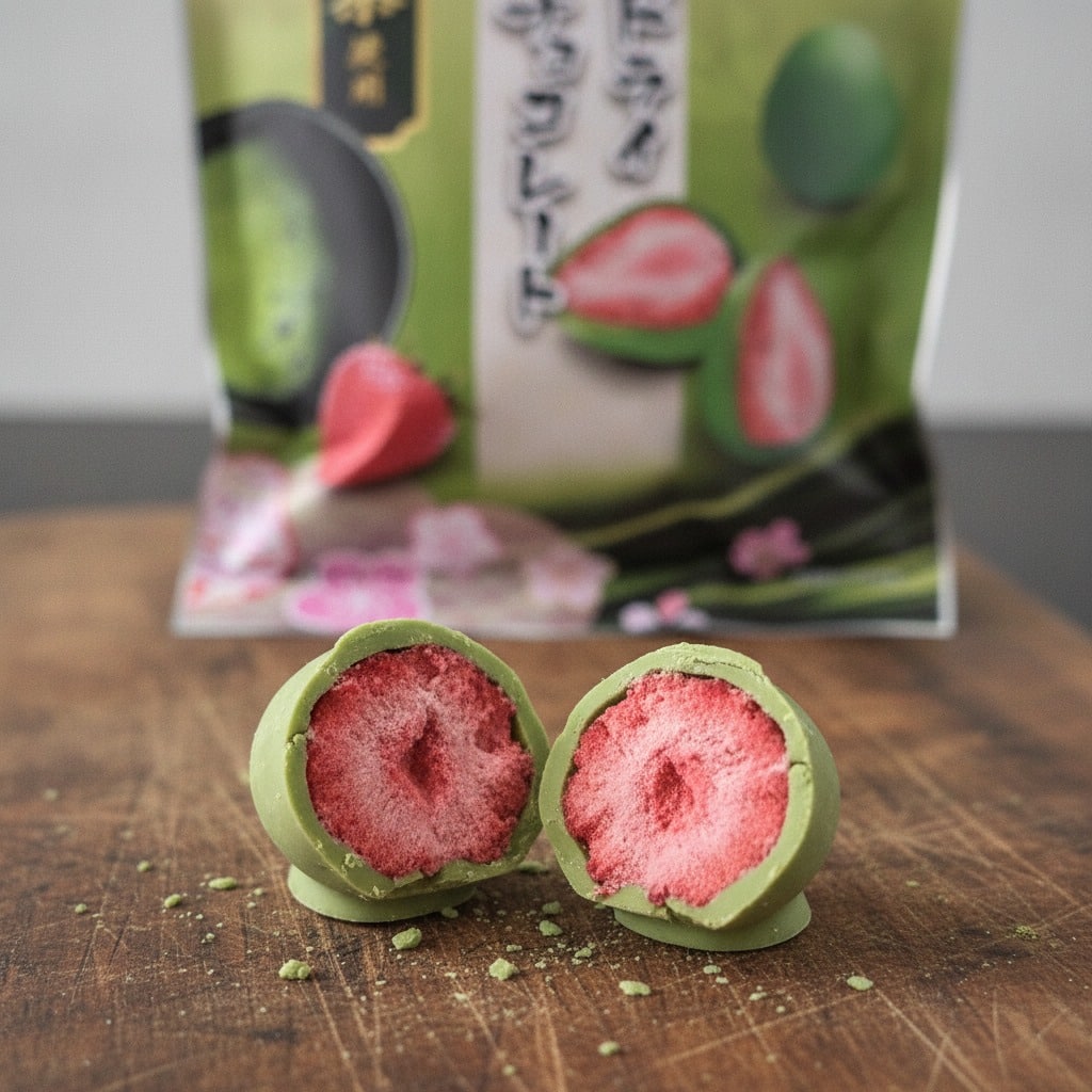 ujimatchausedstrawberrychocolatecloseup | Snack Affair Archives Two green mochi halves with pink filling split open on a wooden surface, packaging blurred in the background.