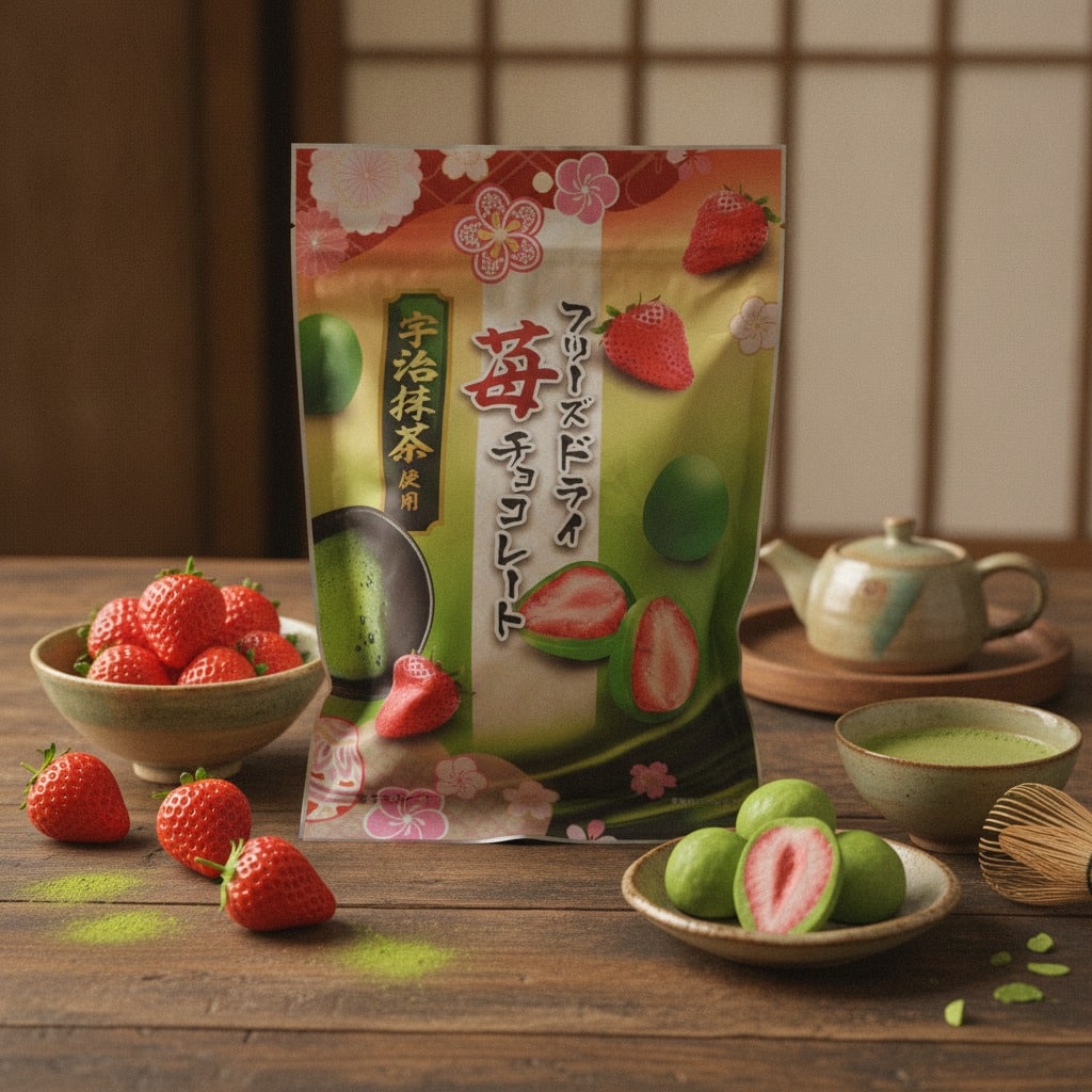 ujimatchausedstrawberrychocolatelifestyle | Snack Affair Archives Packaging for strawberry-flavored mochi mix on a wooden table, with fresh strawberries nearby and green mochi on a plate nearby.