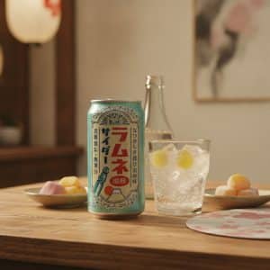 Can of Japanese Ramune soda on a wooden table beside a glass of ice and drink, with small plates of sweets in the background.