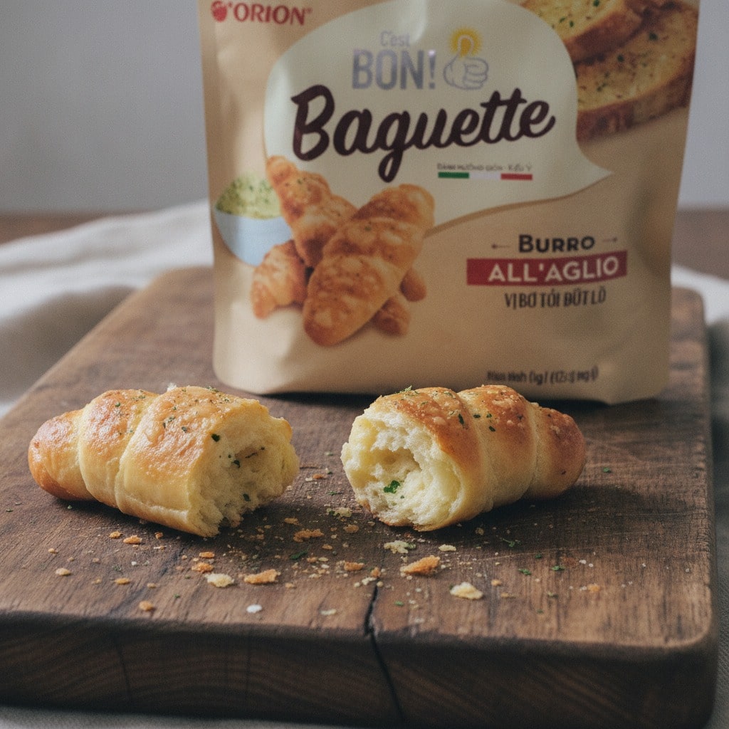 unknownproduct3closeup | Snack Affair Archives Two garlic butter croissants broken open on a wooden board with a beige Baguette mix bag in the background.