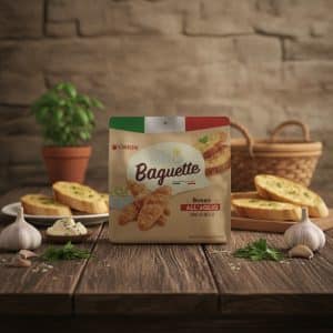 Orion Baguette snack package centered on a rustic wooden table, surrounded by garlic, herbs, and sliced bread. The Italian flag colors appear on the package top edge.