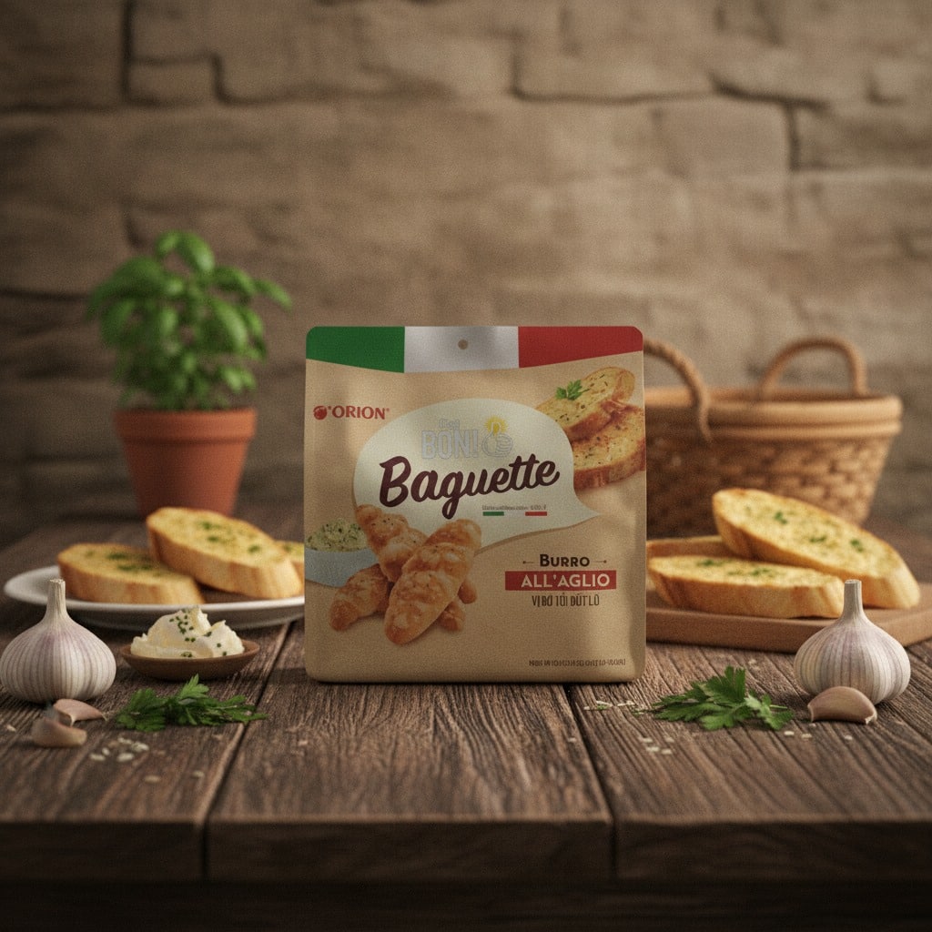 orion baguette lifestyle | Snack Affair Archives Orion Baguette snack package centered on a rustic wooden table, surrounded by garlic, herbs, and sliced bread. The Italian flag colors appear on the package top edge.