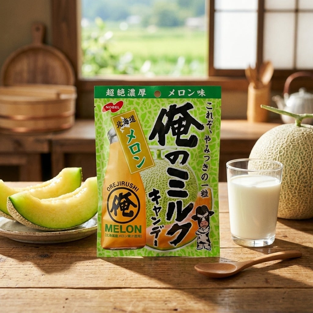 unknownproductlifestyle | Snack Affair Archives Nobel Melon juice carton on a wooden table with fresh melon slices and a glass of milk nearby in a kitchen setting.