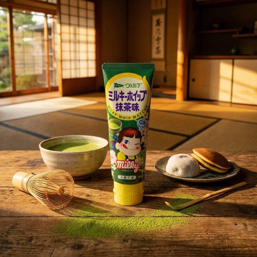 veredemilkywhipmatcha11glifestyle | Snack Affair Archives Green Milky Whip Matcha tube stands upright on a wooden table in a traditional Japanese room, with a bowl of matcha, a bamboo whisk, and small mochi/dorayaki on a plate nearby.