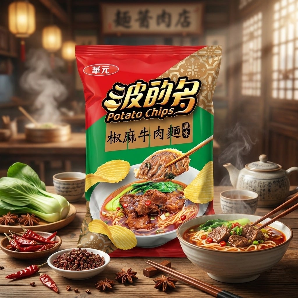 weiluhpotatochips57oz73glifestyle | Snack Affair Archives Red and green bag labeled 'Potato Chips' with Chinese characters, set against a wooden table with steaming beef noodle bowls and spices.
