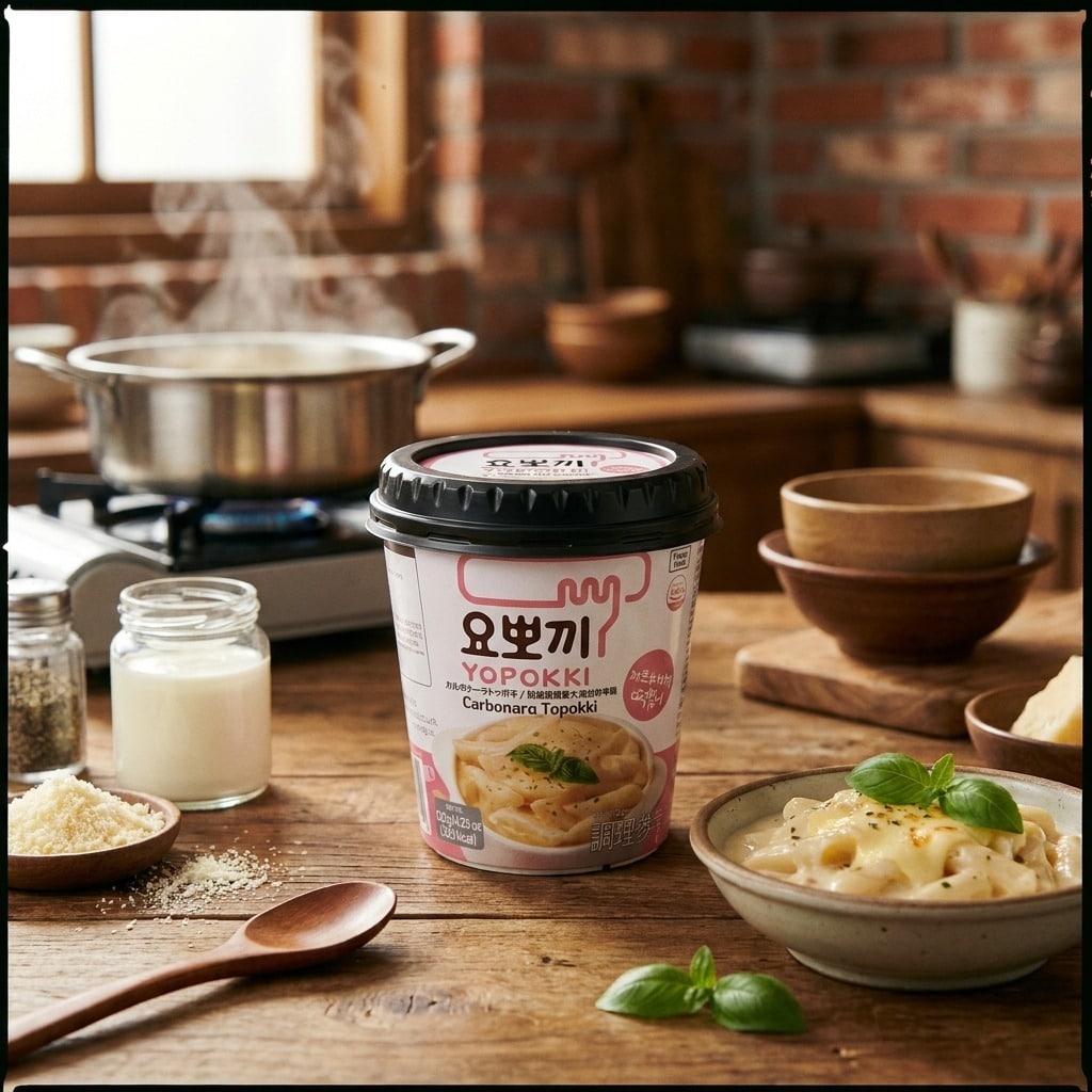 yopokkicarbonaratopokki120glifestyle | Snack Affair Archives Cup of Yopokki Carbonara Topokki on a wooden kitchen counter with pasta bowls and a steaming pot nearby.