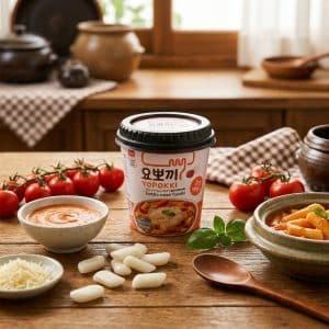 Archives Cup of Yopokki tomato cream toppoki on a wooden table, surrounded by fresh tomatoes, sauces, and white rice cakes.