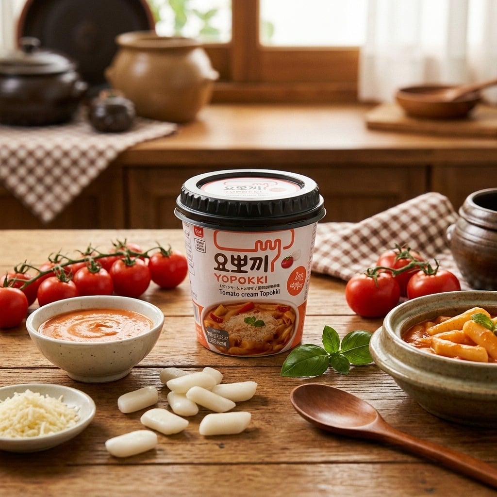 yopokkitomatocreamtopokki120g423ozlifestyle | Snack Affair Archives Cup of Yopokki tomato cream toppoki on a wooden table, surrounded by fresh tomatoes, sauces, and white rice cakes.