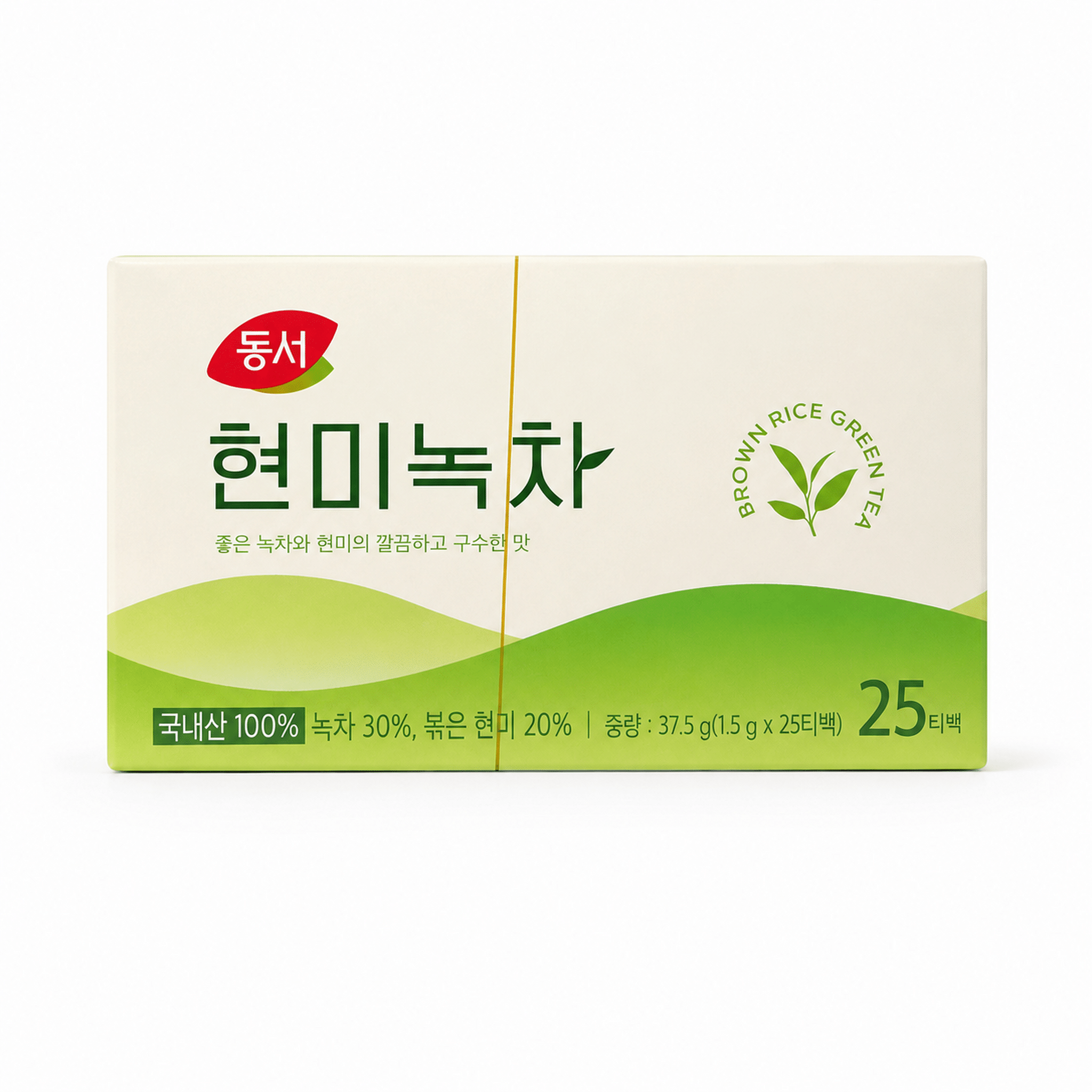 DongsuhBrownRiceGreenTea25TeaBagsWhiteBackgroundpng | Snack Affair Archives White product box with green wave design, a red Korean logo on the left, and Korean text; a yellow string runs vertically across the front.