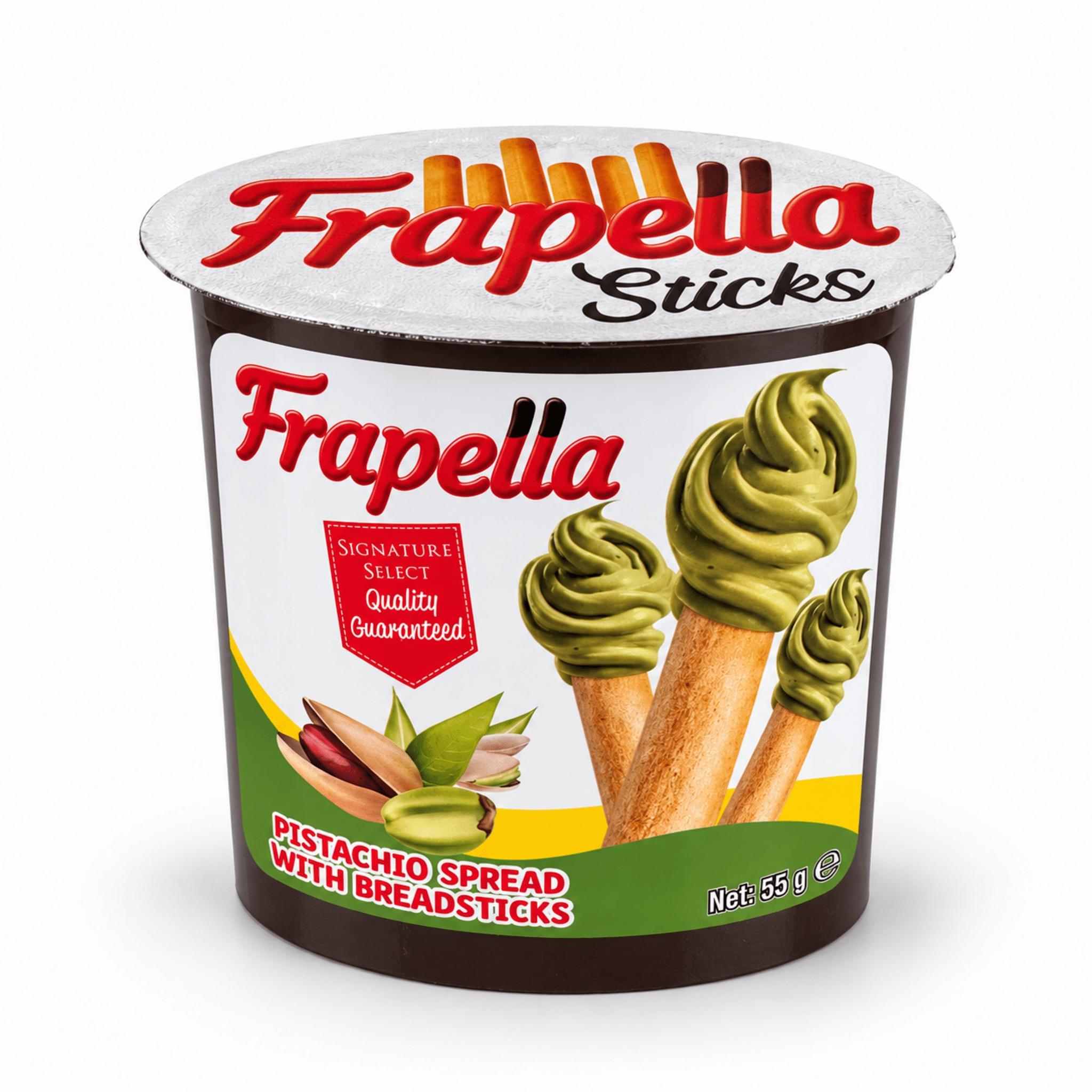 FrapellaPistachioSpreadwithBreadsticks55gWhiteBackground | Snack Affair Archives Foil-sealed lid of a dessert cup showing the Frappella Sticks branding with pistachio spread and breadsticks image.