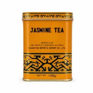 Archives Orange tea tin with bold 'JASMINE TEA' label, decorative black-and-gold band, and weight text visible (close-up).