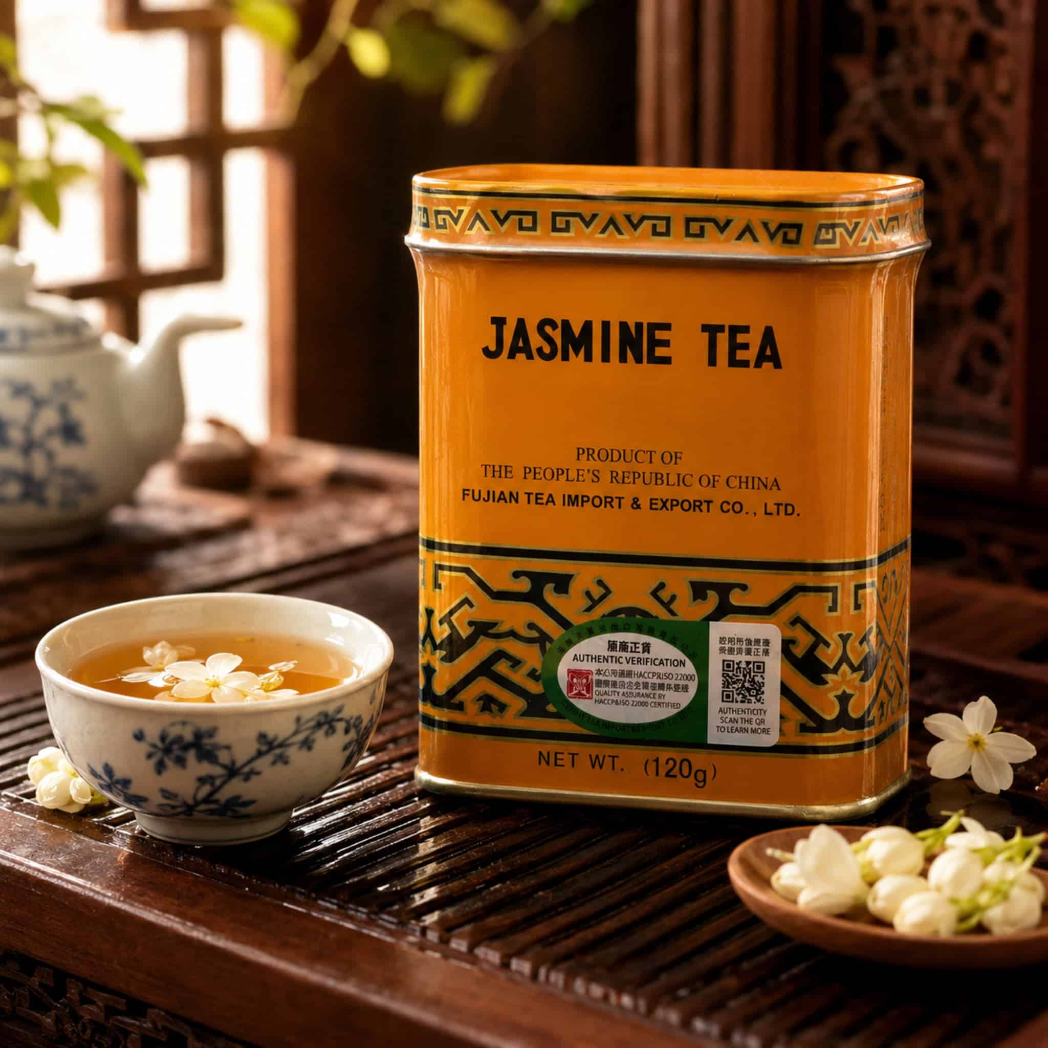 FujianTeaImportJasmineTea120glifestyleBackground2jpg | Snack Affair Archives Yellow Jasmine Tea tin on a wooden surface with a cup of tea and scattered white flower petals nearby.