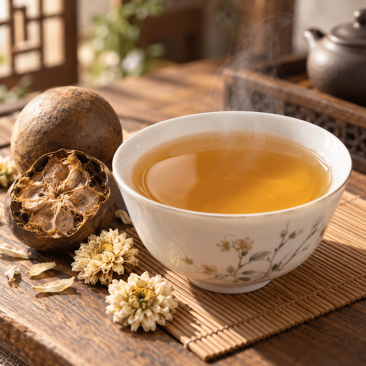 GeXianWengHerbalTeacloseuppng | Snack Affair Archives A steaming cup of tea in a floral porcelain bowl on a wooden mat, with a dried seed pod and dried flowers nearby.