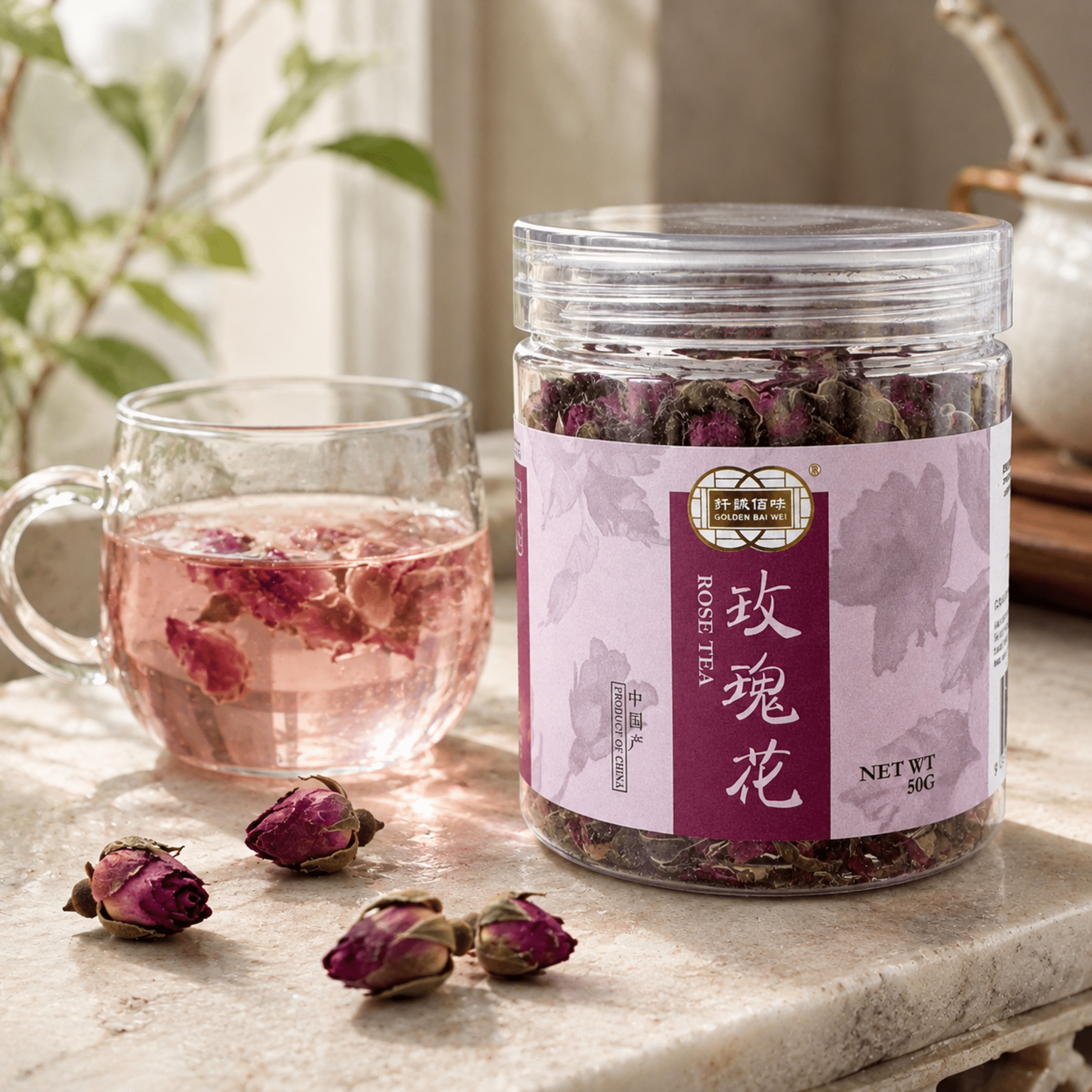 GoldenBaiWeiRoseTea50gLifestylepng | Snack Affair Archives Jar of dried rose tea with a glass mug of pink tea on a marble counter.