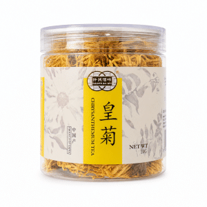 Archives Clear jar filled with dried chrysanthemum petals visible through the transparent container, with a yellow label featuring Chinese characters and English text indicating chrysanthemum tea sold in China.