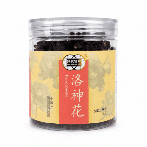Archives Clear glass jar filled with dried rose buds, beige label with red vertical panel and Chinese characters visible on the front.