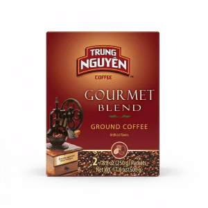 Package of Trung Nguyen Gourmet Blend ground coffee with a vintage grinder image on maroon background