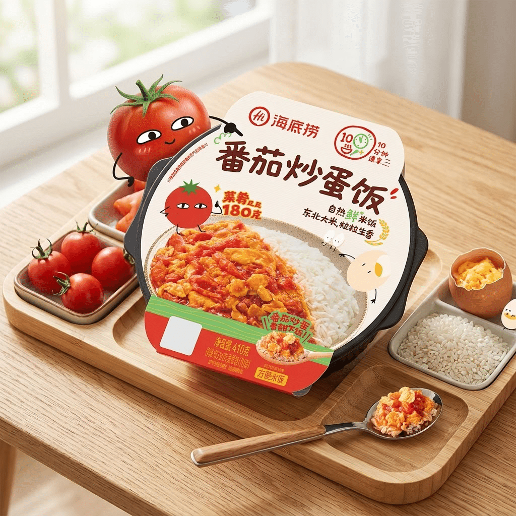 Haidilao SelfHeating Tomato Scrambled Egg Rice lifestyle | Snack Affair Archives Ready-to-eat tomato fried rice package on a wooden board, featuring cartoon tomato mascots and a spoonful of rice nearby.
