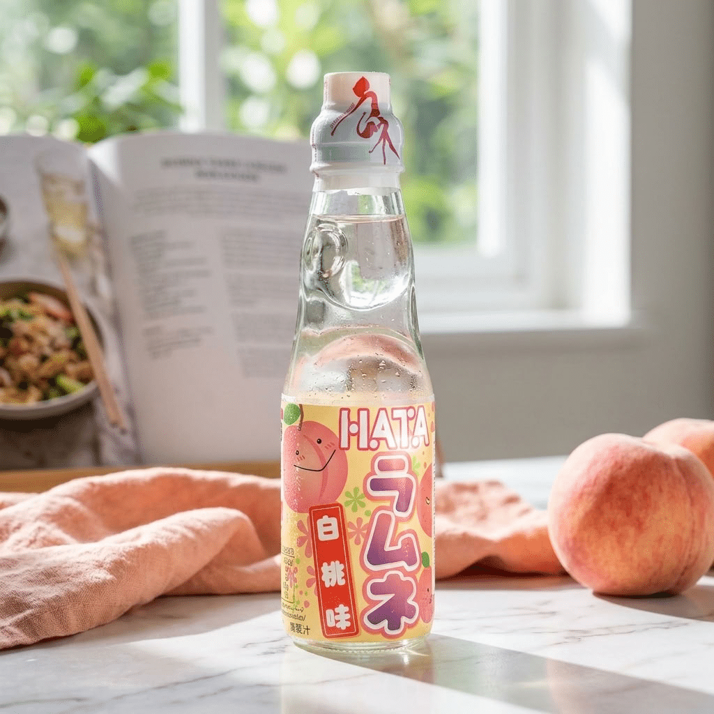 Hata Kosen White Peach Ramune | Snack Affair Archives Bottle of peach-flavored drink with colorful label on a table, peaches nearby, in a bright kitchen setting.
