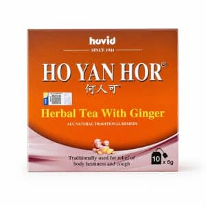Archives Orange box of Hor Yan Hor Herbal Tea with Ginger packaging, showing 'Since 1941' and a small product blister sticker with the number 10 x 6 g.
