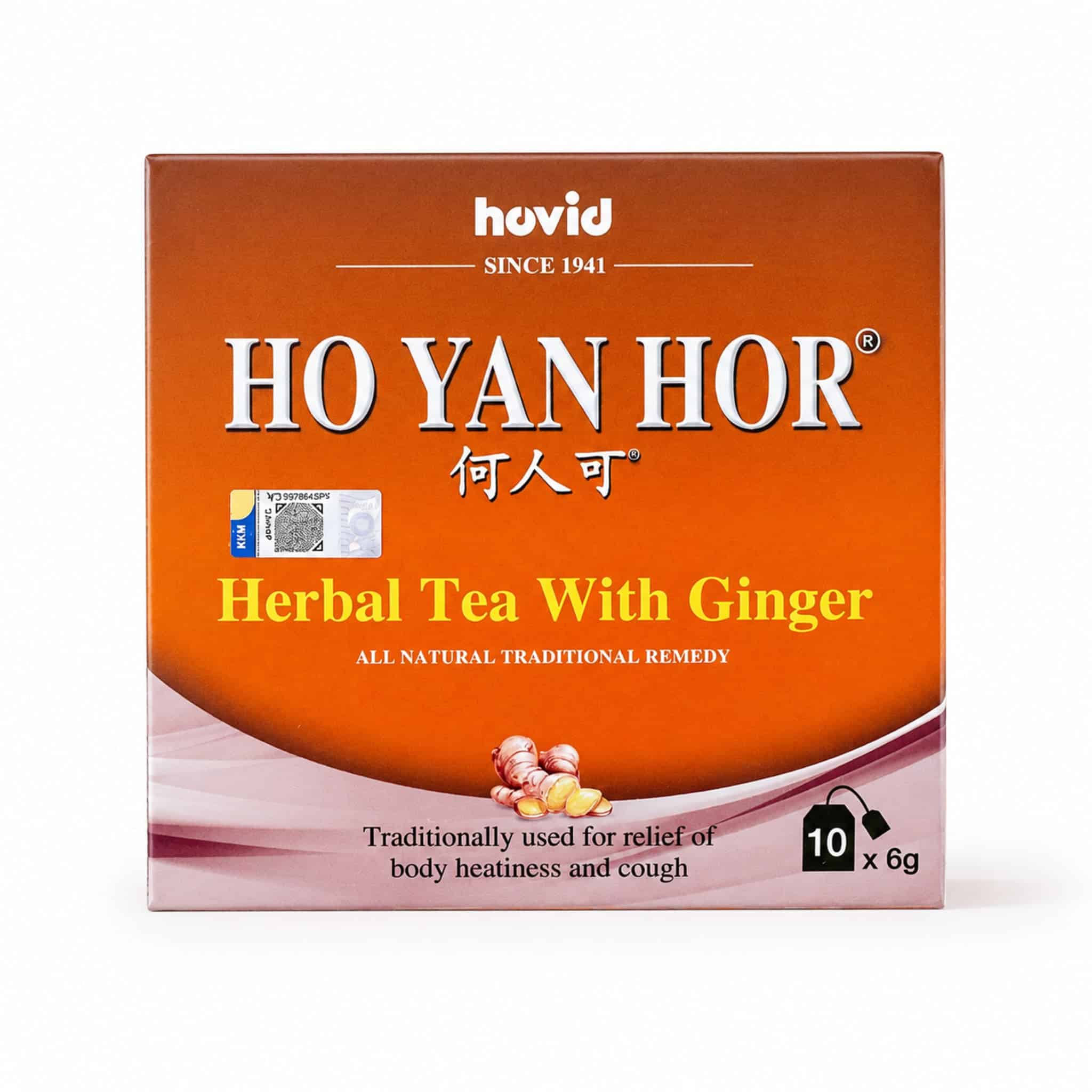 Ho20Yan20How20Herbal20Tea20with20ginger2020white20backgroundjpg | Snack Affair Archives Orange box of Hor Yan Hor Herbal Tea with Ginger packaging, showing 'Since 1941' and a small product blister sticker with the number 10 x 6 g.