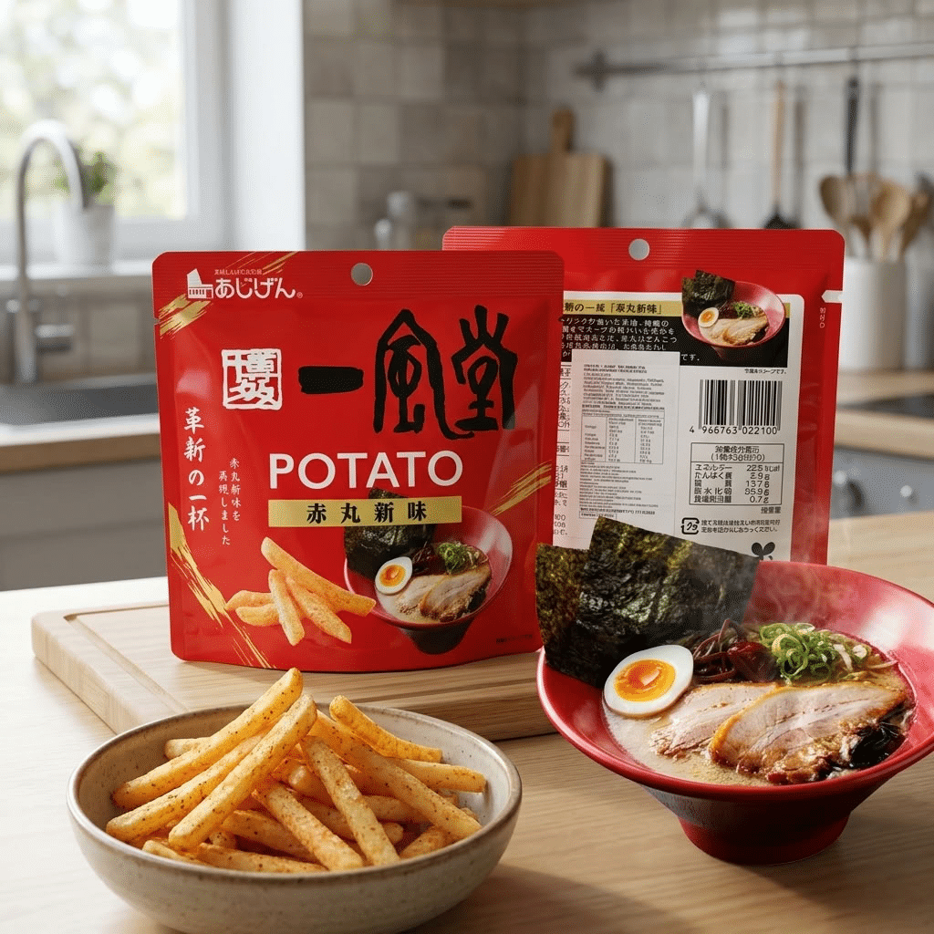 Ippudo Akamaru Potato Chips 3 | Snack Affair Archives Two red Japanese snack bags labeled POTATO sit on a wooden counter, with a bowl of seasoned fries and a ramen bowl with pork, egg, and seaweed in the foreground.