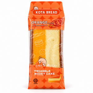 Archives Kota Bread orange-flavored triangle moist cake in orange packaging with a clear window showing the cake slices.