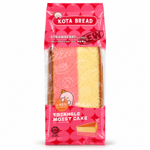 Archives Kota Bread strawberry-flavored triangle moist cake in pink package featuring cartoon chick and cake illustrations