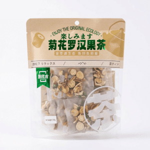 Archives Front view of a beige and clear plastic snack bag with Japanese text on the label, and a transparent window showing mixed dried fruit and nuts inside.