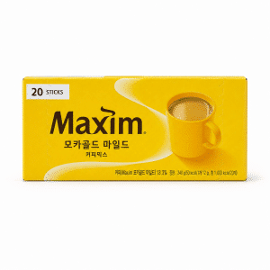 Bright yellow Maxim coffee sticks box labeled '20 STICKS' with a steaming coffee cup image.