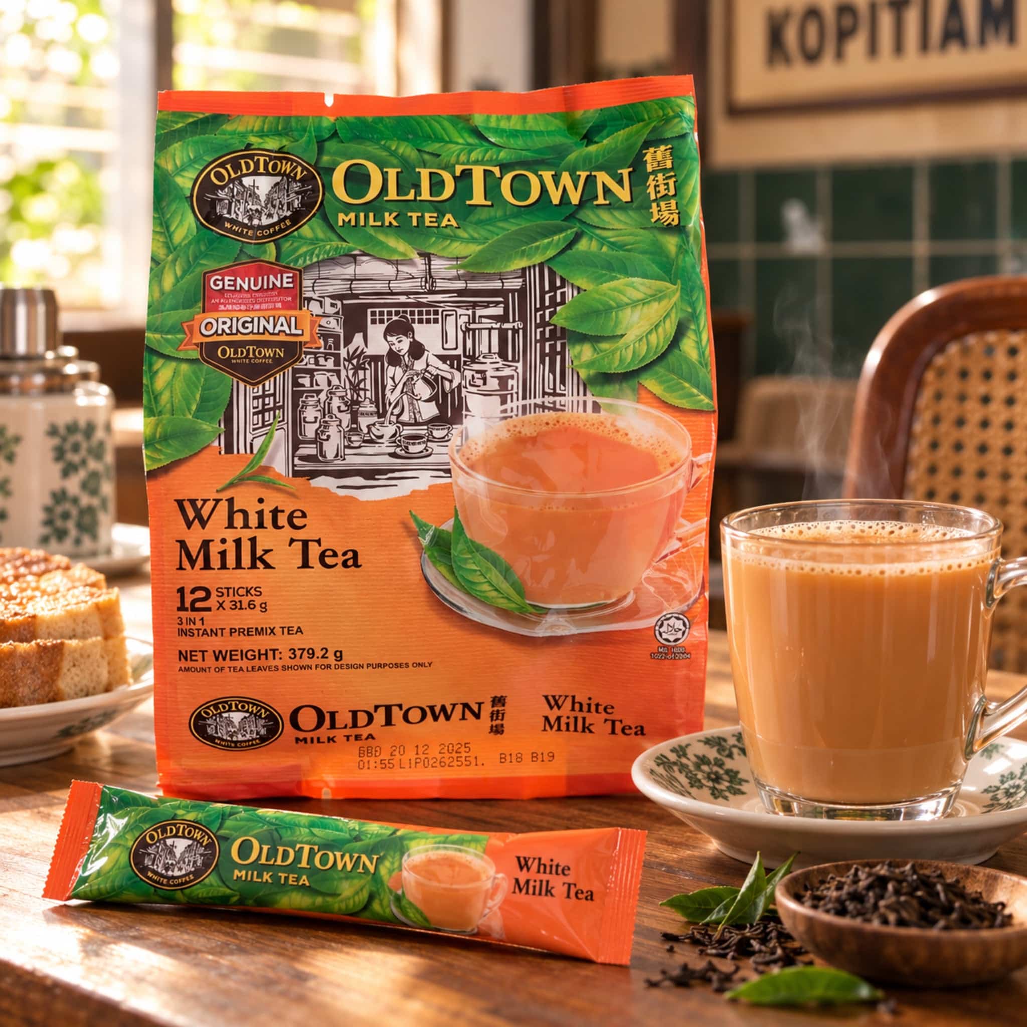 OldTownWhiteMilkTeaOriginal3792gLifestylejpg | Snack Affair Archives Close-up of an OldTown Milk Tea box with green leaf design on a wooden table, cups of tea nearby.