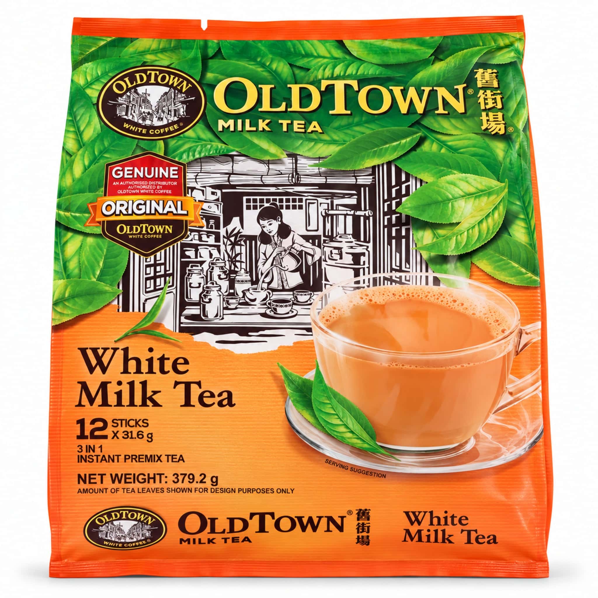 OldTownWhiteMilkTeaOriginal3792gWhiteBackgroundjpg | Snack Affair Archives OldTown Milk Tea package with green tea leaves and a glass of milk tea in the foreground